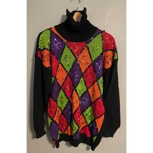 Vintage I.B. Diffusion Sweater Womens Small Turtleneck Sequin Argyle 1992 Artsy